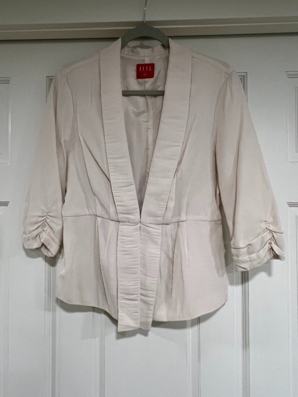 ELLE Cream Blush Ruched Sleeve Peplum Blazer | Shawl Collar Jacket | Size M